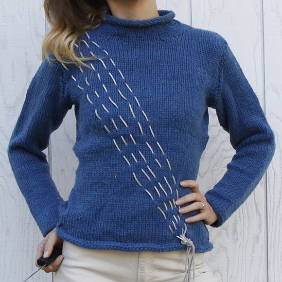 Vintage Mock Turtleneck Wool Sweater with Iridescent Leather Accent - Picture 12 of 12